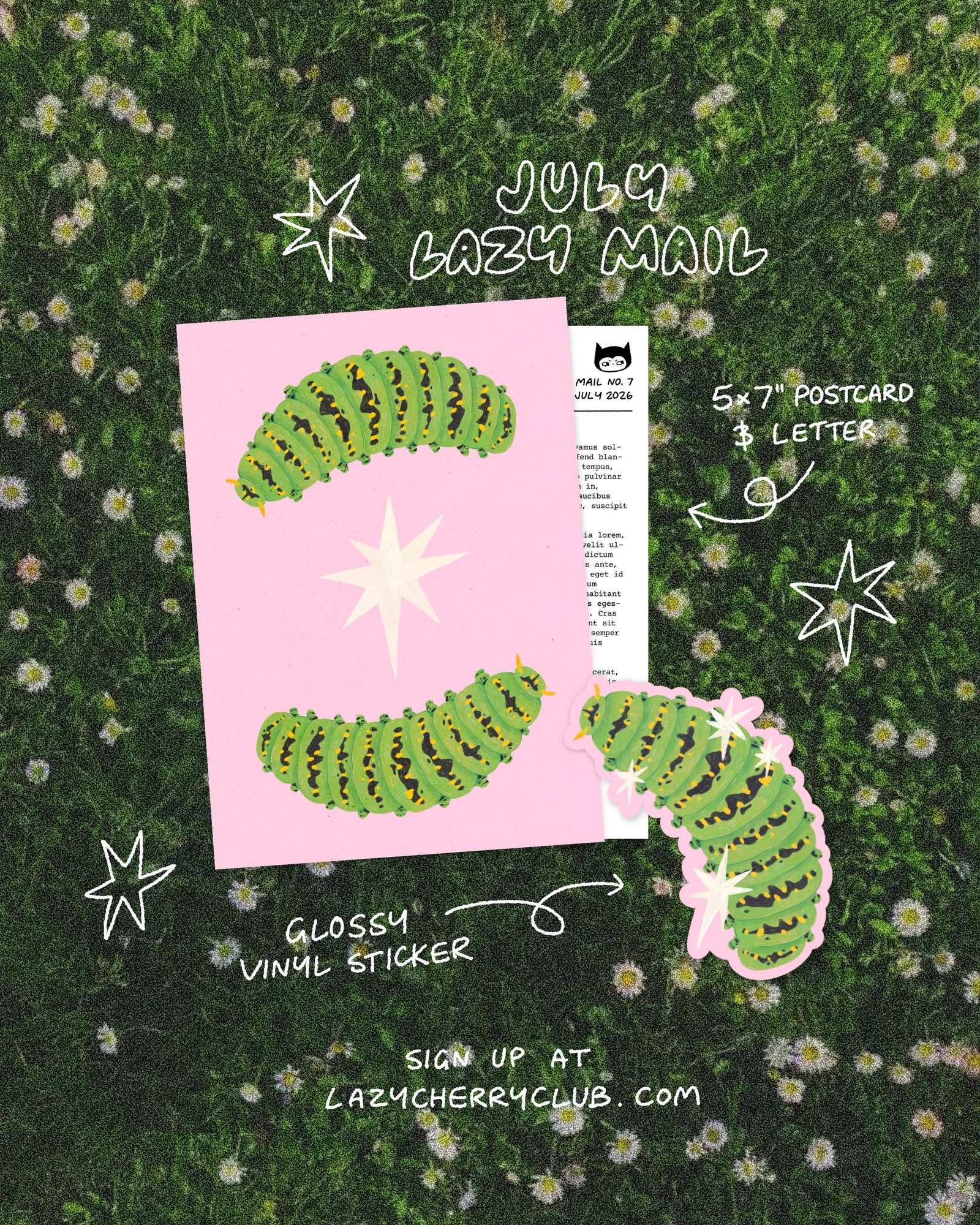 Lazy Mail Club July caterpillar art print, letter, and matching vinyl sticker