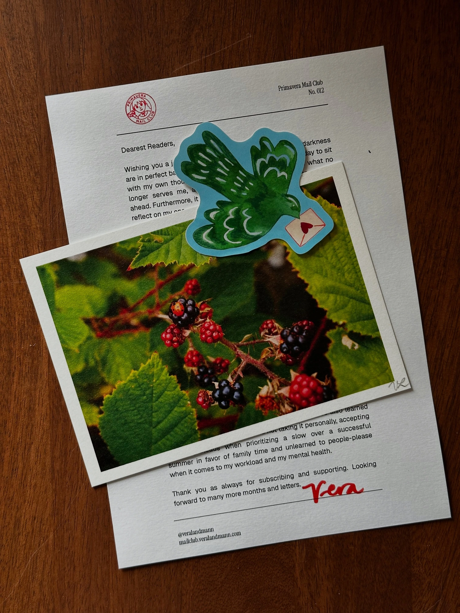 Primavera Mail Club: Berry photographic print, illustrated sticker, and personal letter