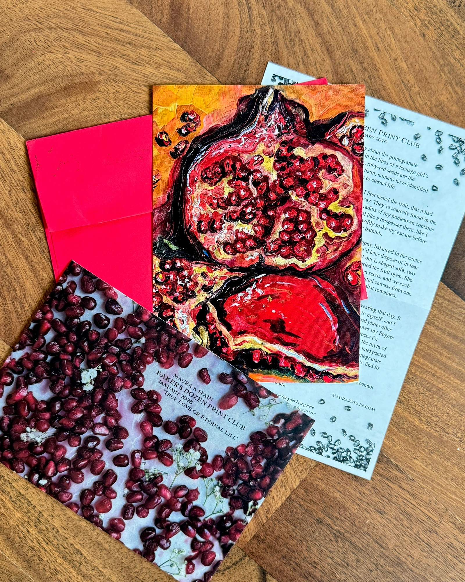 January 2026 pomegranate art print with a personal letter, photo sleeve and pink envelope