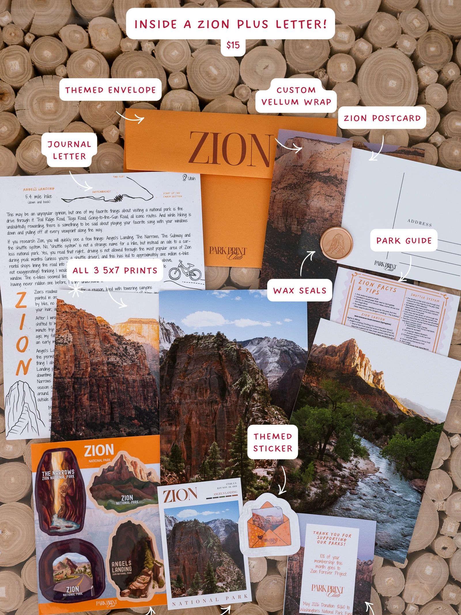 Past Park Print Club Zion Plus edition with three photo prints, letter, postcard, guide, stickers, and themed packaging