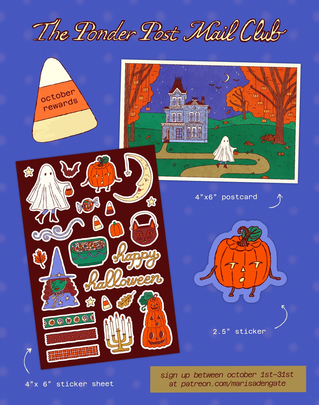 Ponder Post Mail Club — October 2026 Halloween postcard and sticker reward mockup