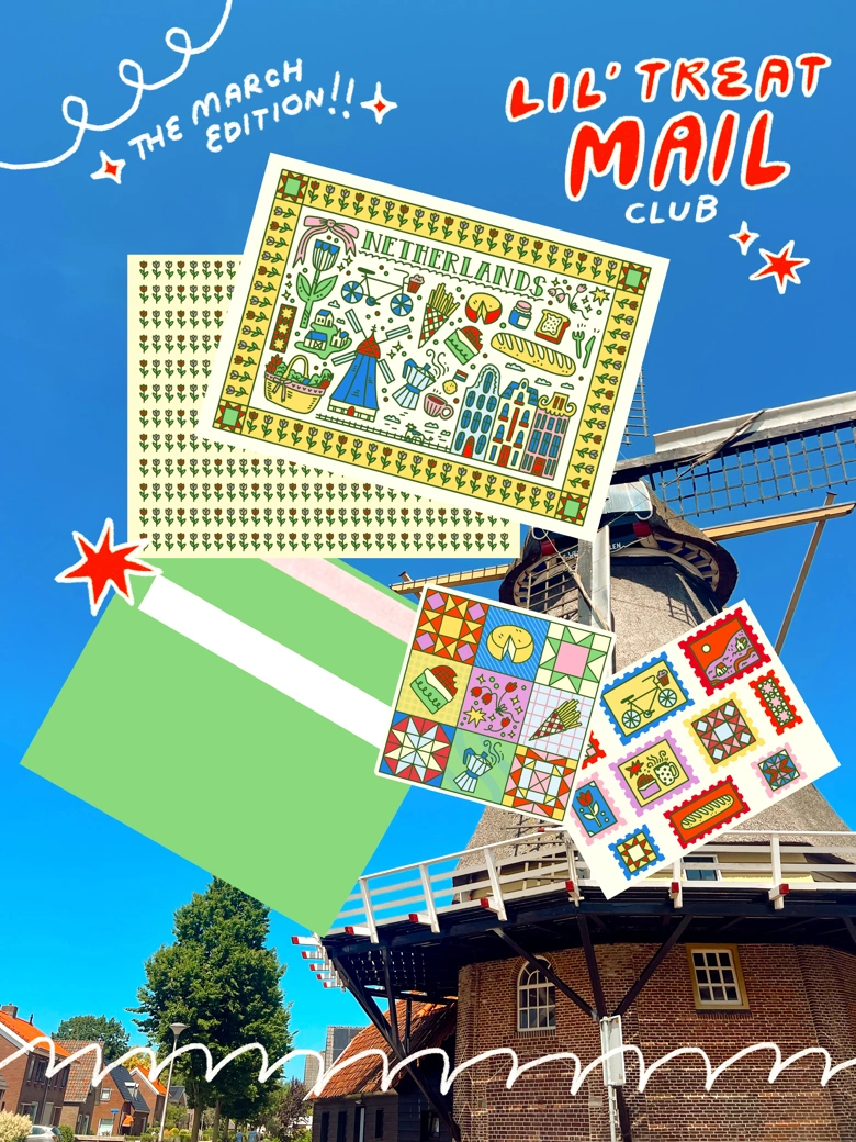 Lil' Treat Mail Club: Netherlands edition with illustrated print, stickers, scrapbook paper, and newsletter
