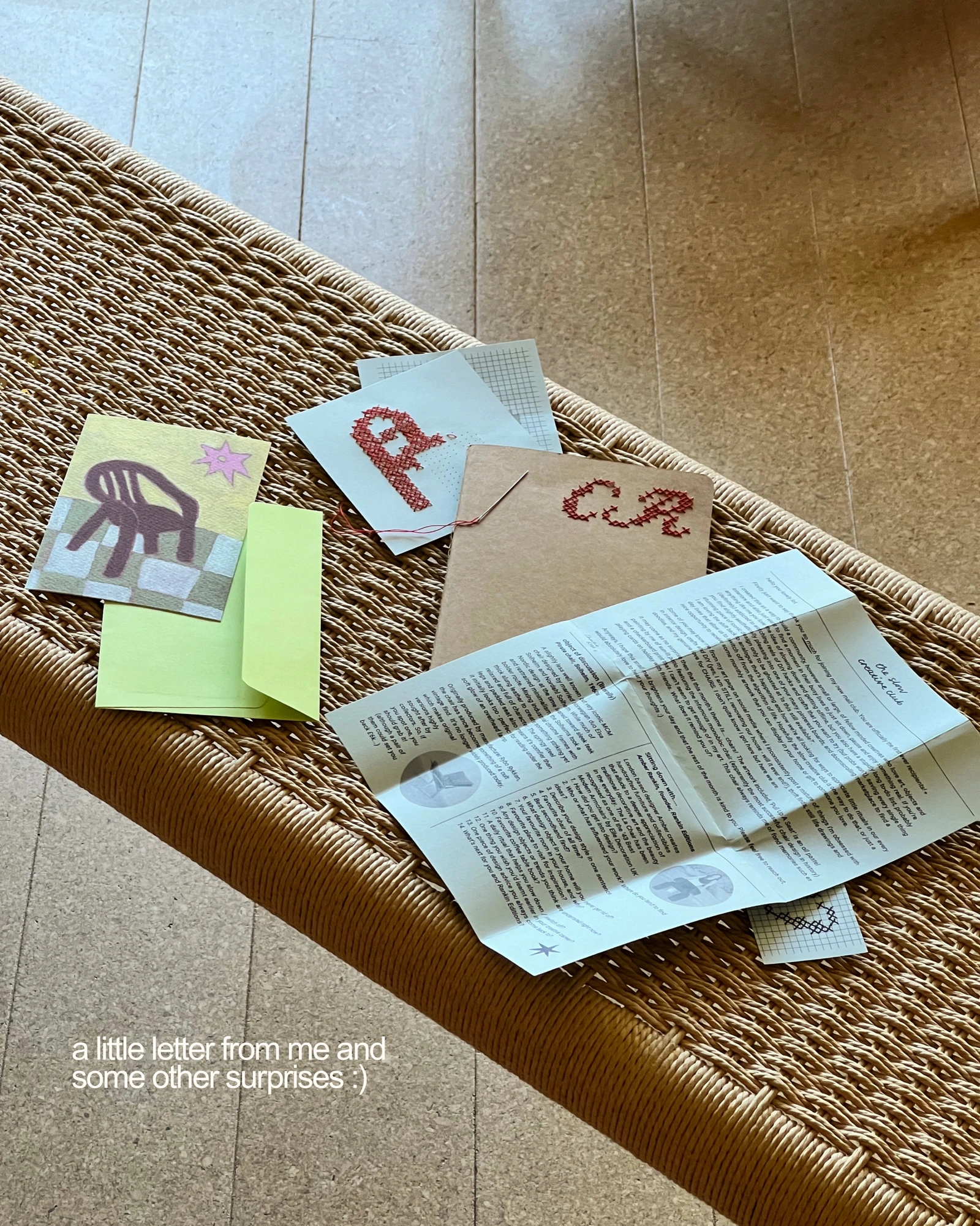 The Slow Creative Club — Vol.1 Pull Up a Seat art print, envelope, letter and cross-stitch activity example