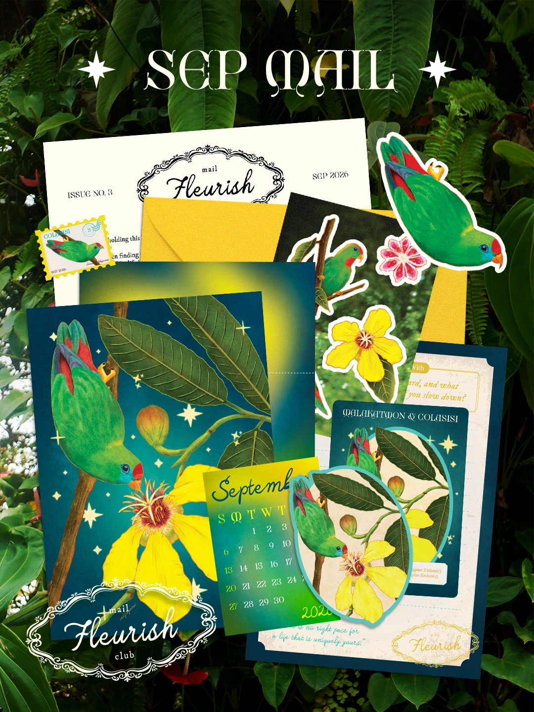 Fleurish Mail Club — September Malakatmon and Colasisi mail; official composition preview against foliage