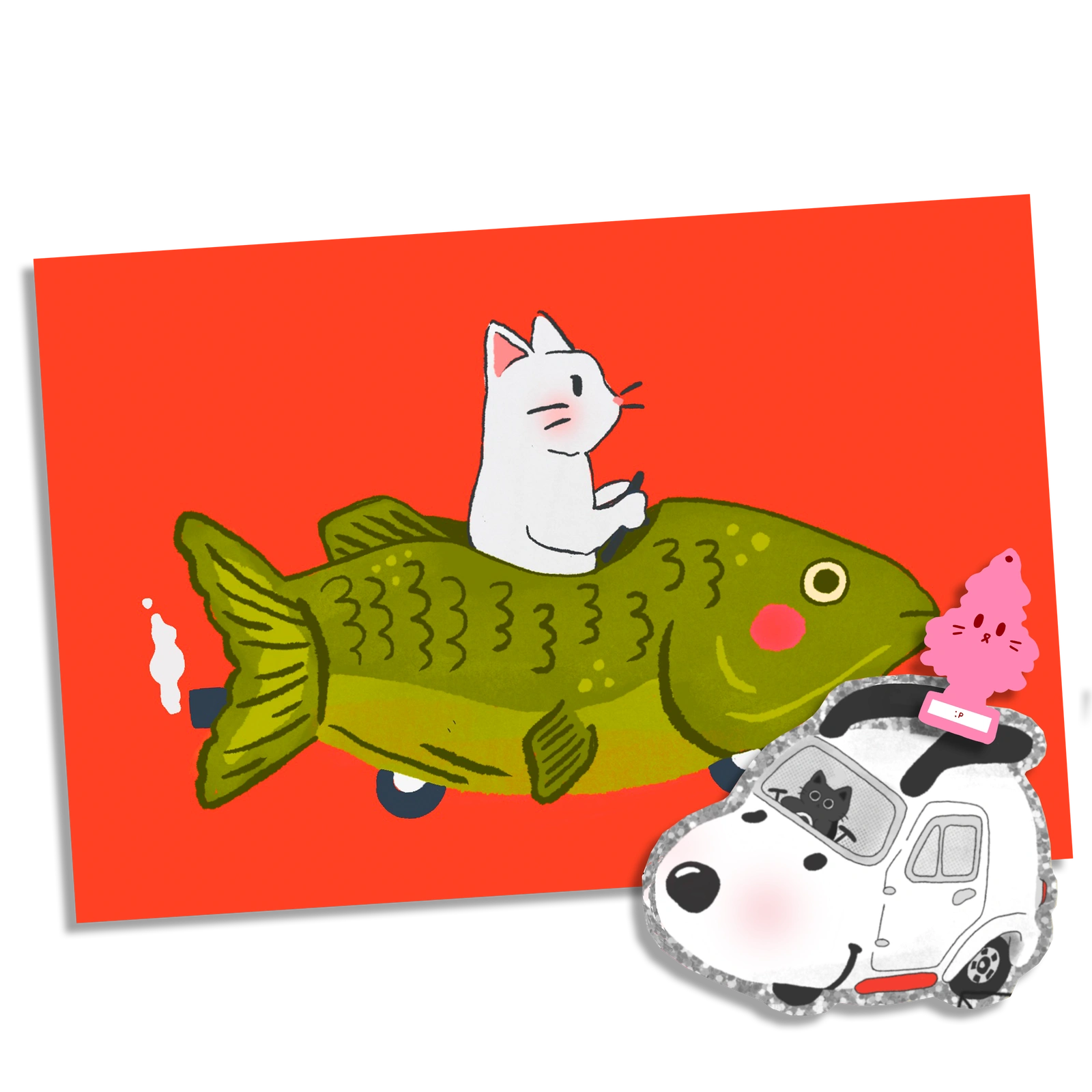 Tiny Mail Club March fish car print and matching cat sticker