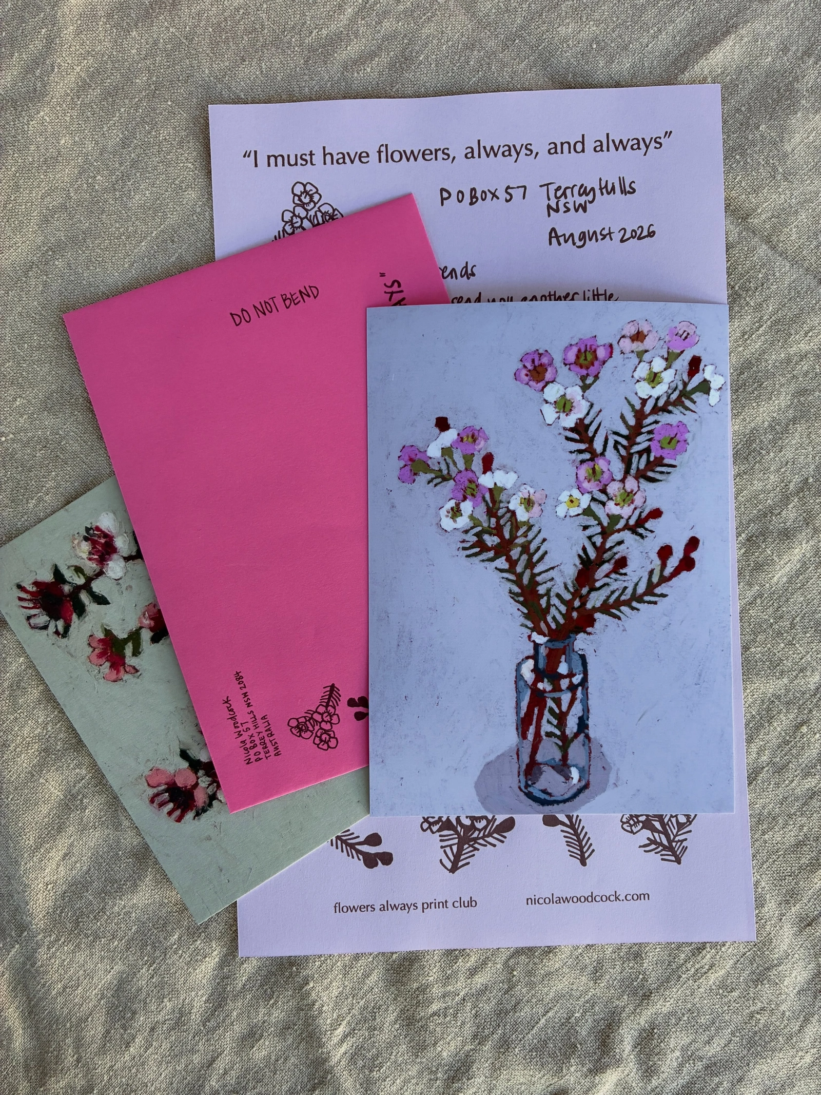 Flowers Always Print Club — August 2026 wax flowers print, postcard, letter, and pink envelope