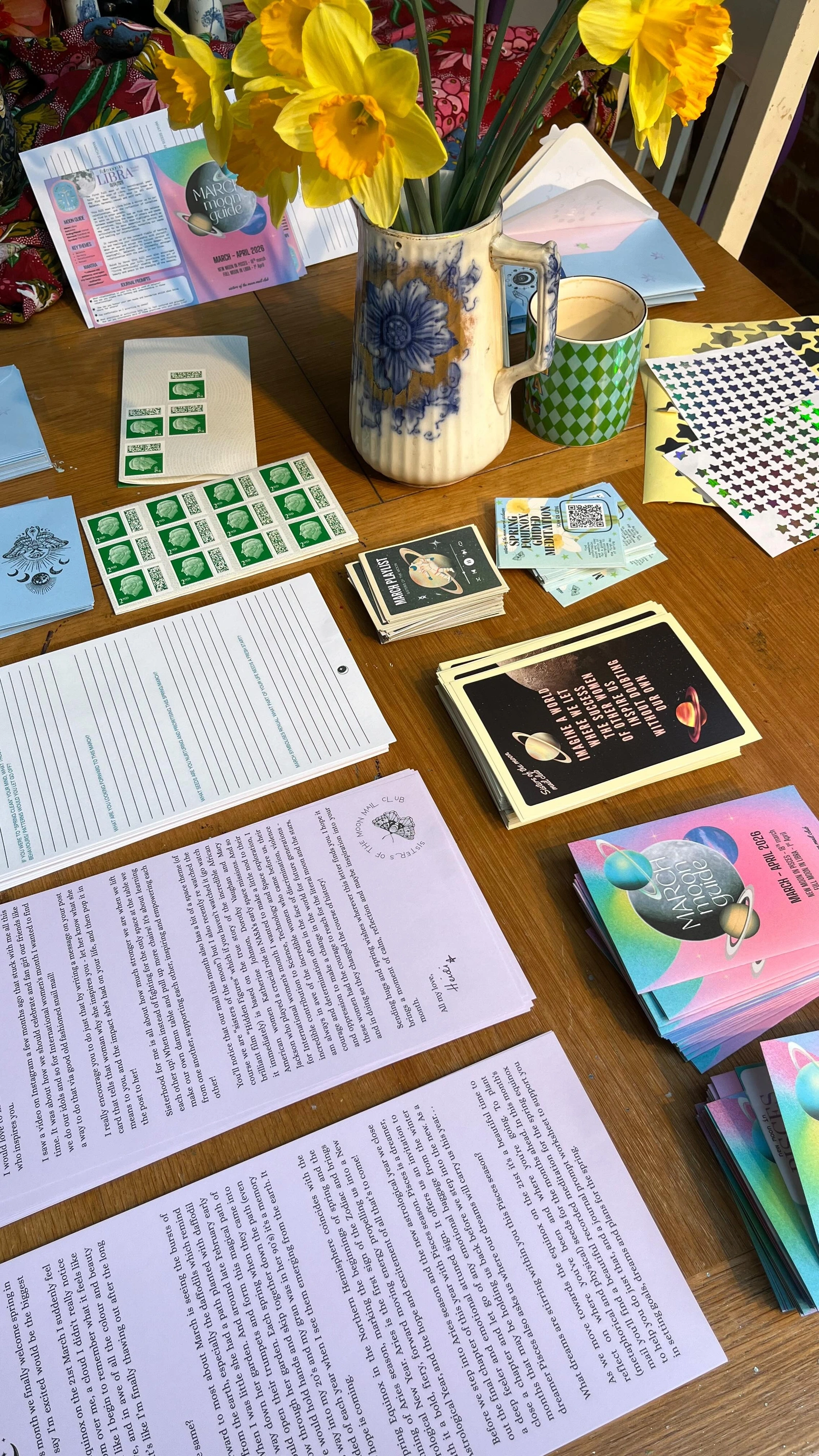 Sisters of the Moon — March edition letters, moon guides, worksheets, and linked audio cards being packed