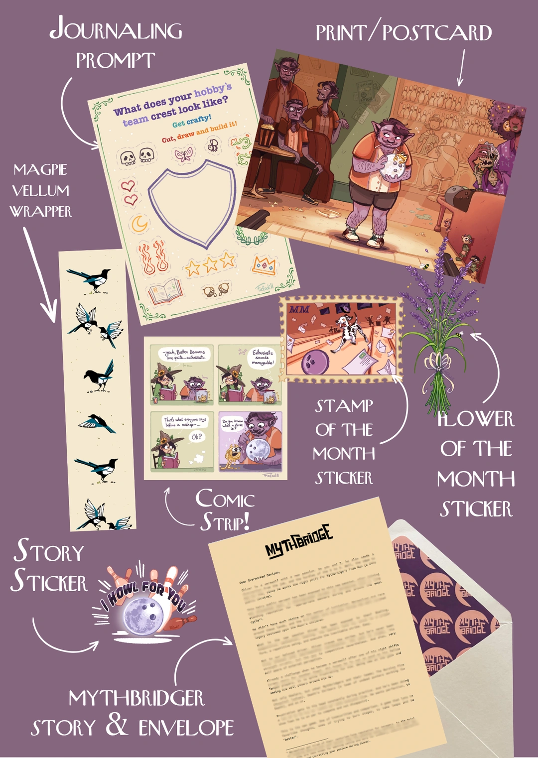 Mythbridge Mail Club — July story letter, art postcard, comic strip, stickers, and journaling prompt