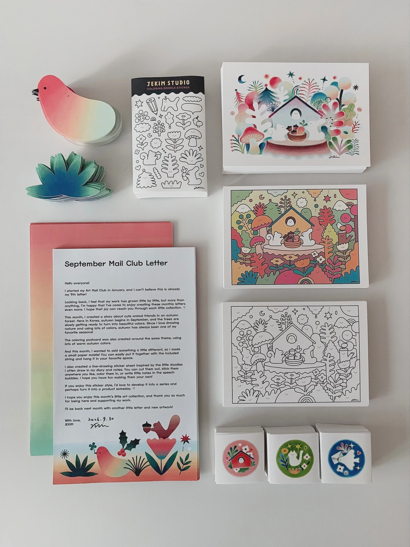 Joy Letter Club — September 2026 postcard, coloring card and bird mobile