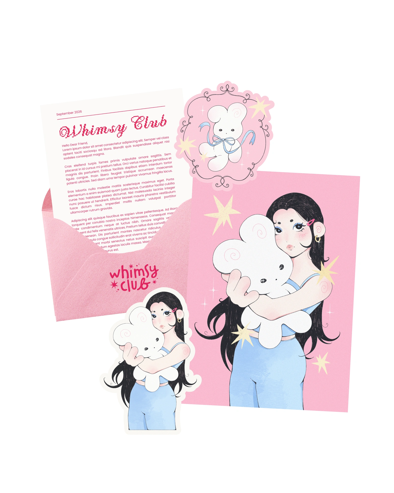 Whimsy Mail Club September girl and lamb print, stickers, and letter