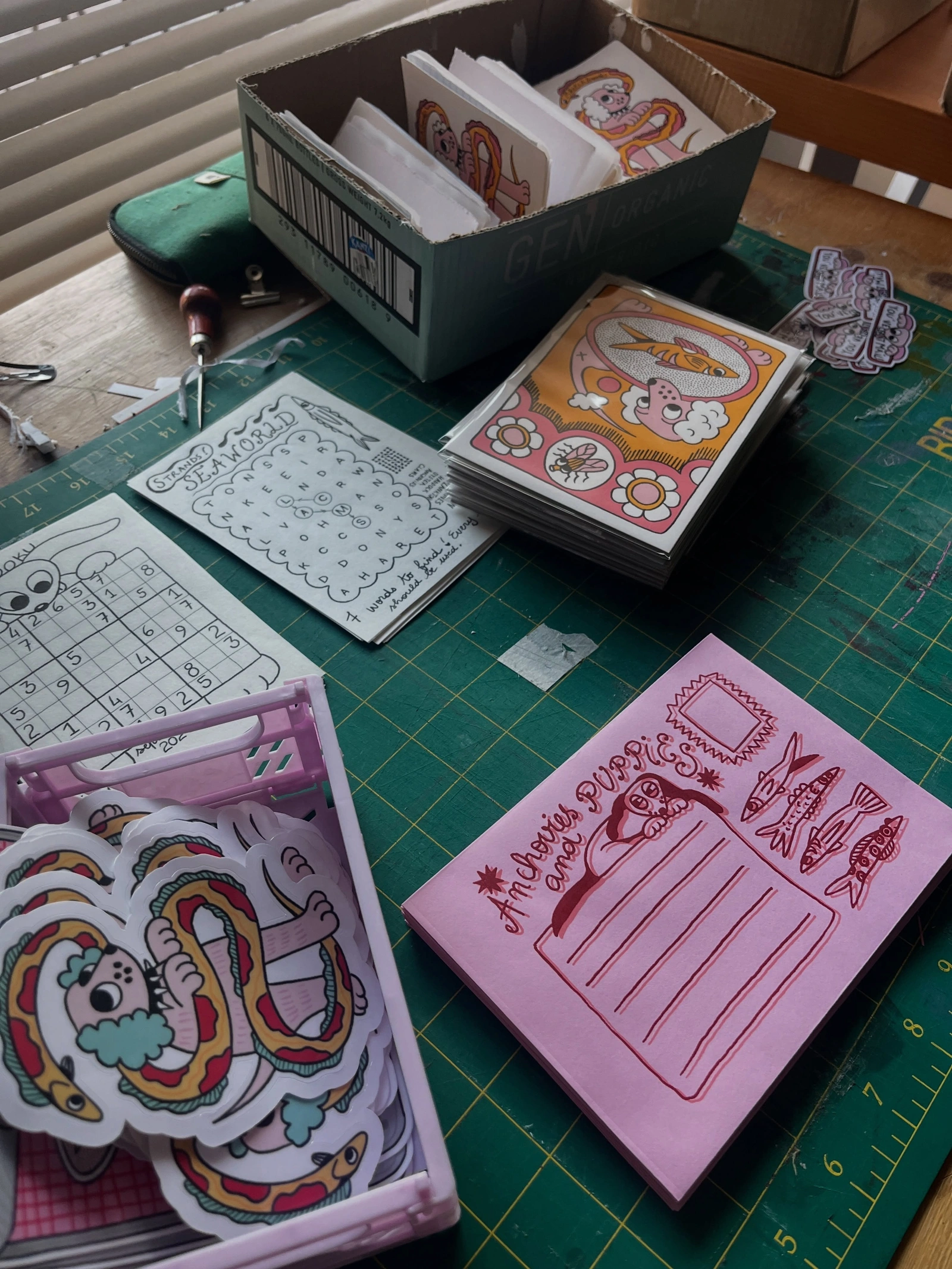 Laurette’s Screenprinted Mail Club — September collection being assembled in the studio