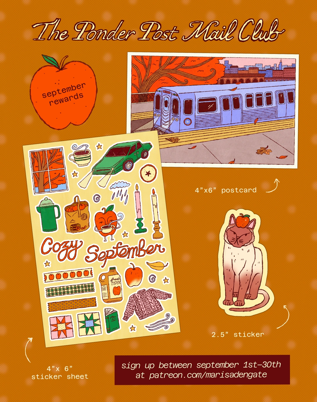 Ponder Post Mail Club — September 2026 comfort-themed postcard and sticker rewards