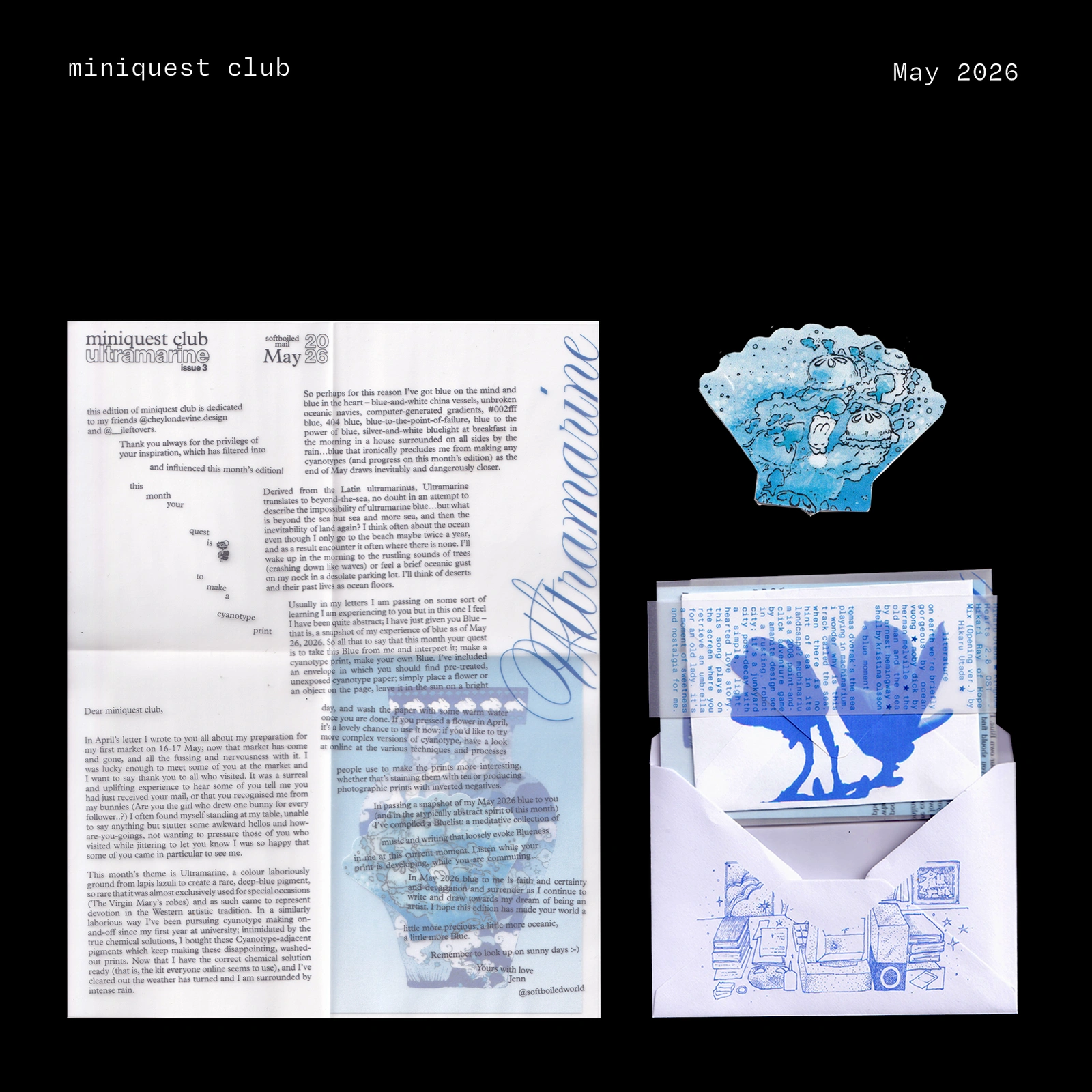 Miniquest Club — May 2026 blue floral print, letter, sticker and cyanotype activity preview