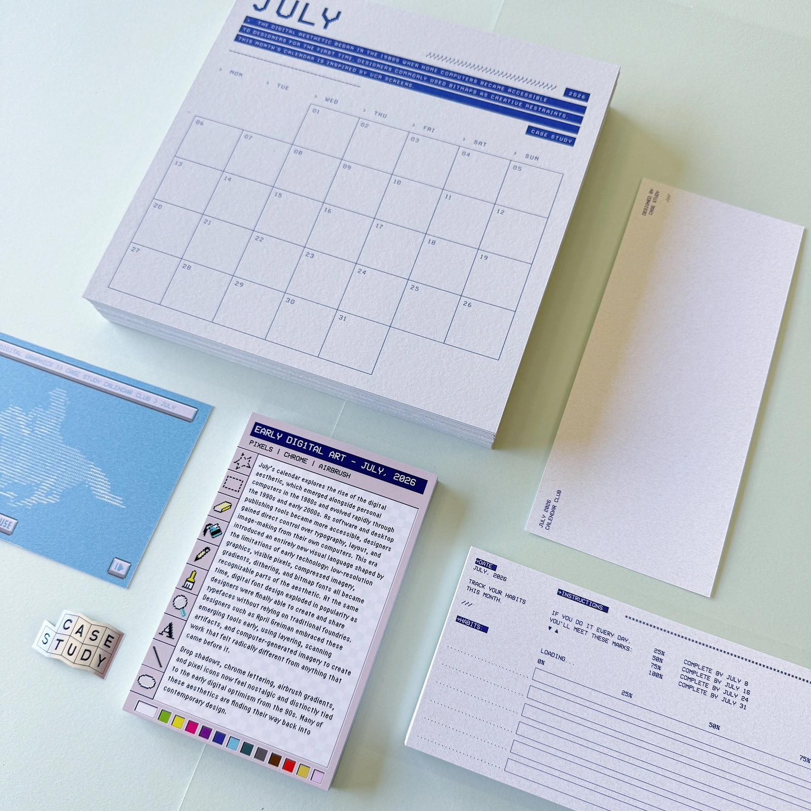 Case Study's Calendar Club: July calendar, early digital art postcard, and habit tracker