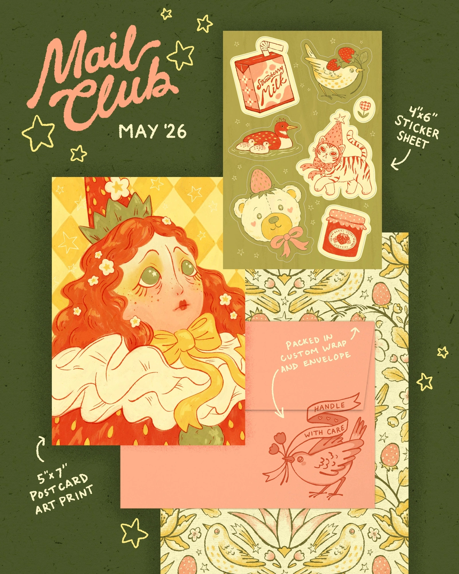Alex Gold May 2026 postcard, stickers, and illustrated packaging