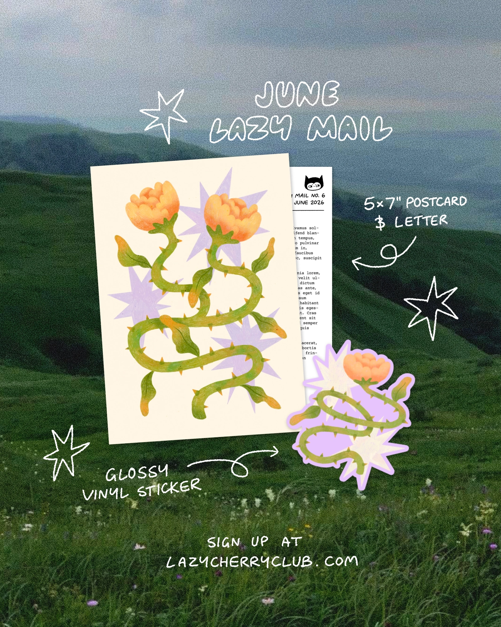 Lazy Mail Club June floral art print, letter, and matching vinyl sticker