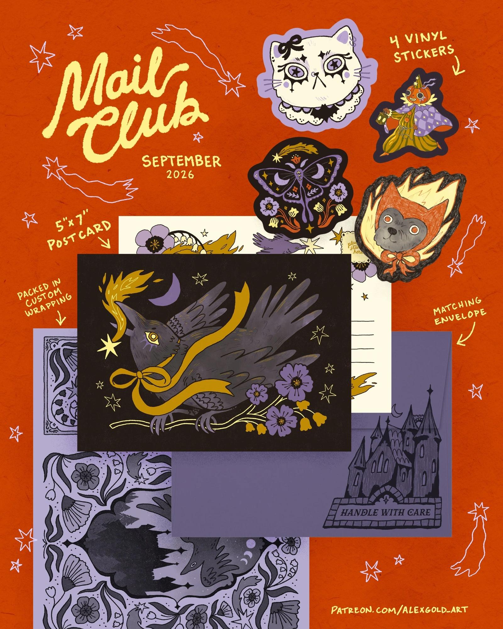 Alex Gold September 2026 postcard, stickers, and illustrated packaging